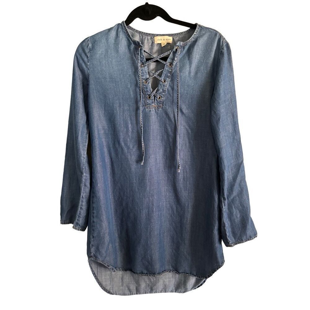 Cloth & Stone Chambray Lace Up Tunic Dress Size XS Leight Weight Tencel Lyocell